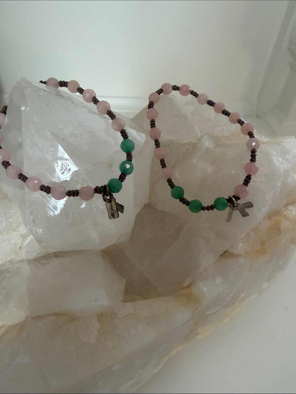 Pink & Green Bead Children’s  Bracelets with Ribbon Charm